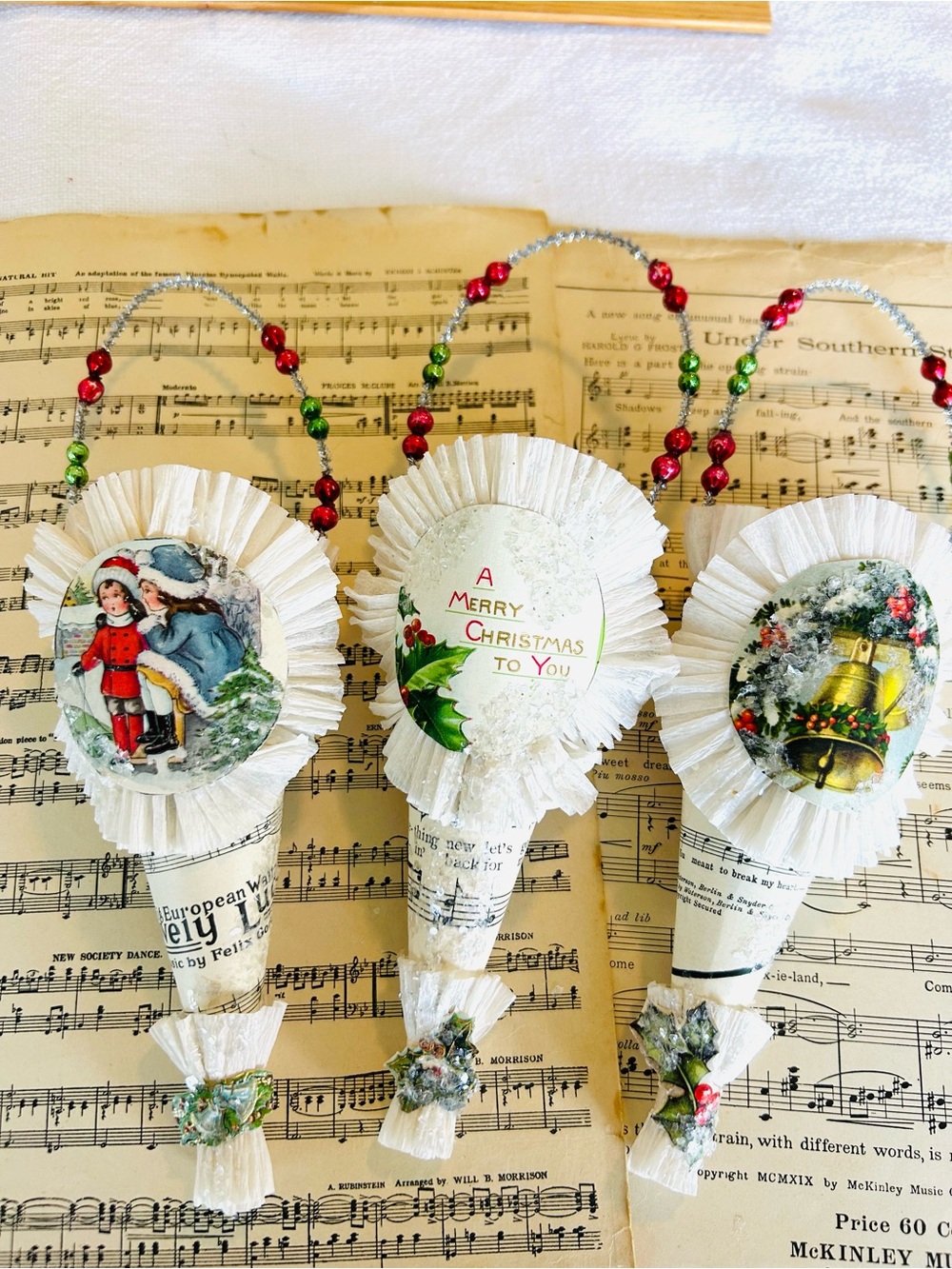 3 Vintage repurposed holiday Christmas Candy Cone Ornaments
